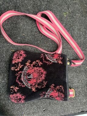 Juicy Couture Black and Pink Velvet Crossbody Bag with Striped Strap